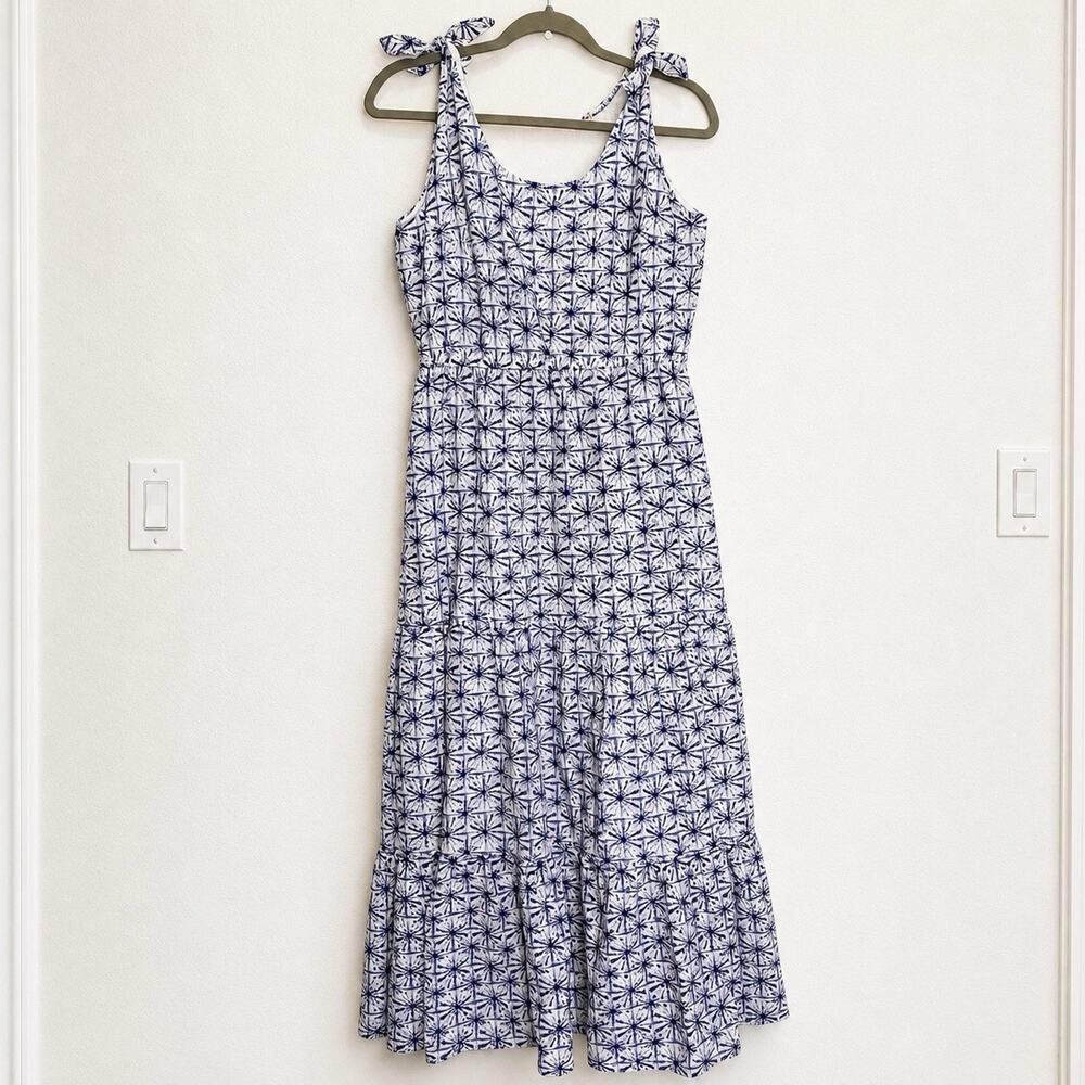Soft Surroundings Dress Size M SHIBORI Blue White Cotton Kyoto Tiered Resortwear
